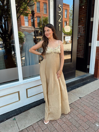 Faye Gold Sequin Pleated Maxi Dress