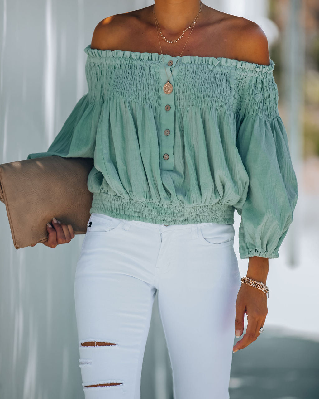 Fig Cotton Smocked Off The Shoulder Top - Sage