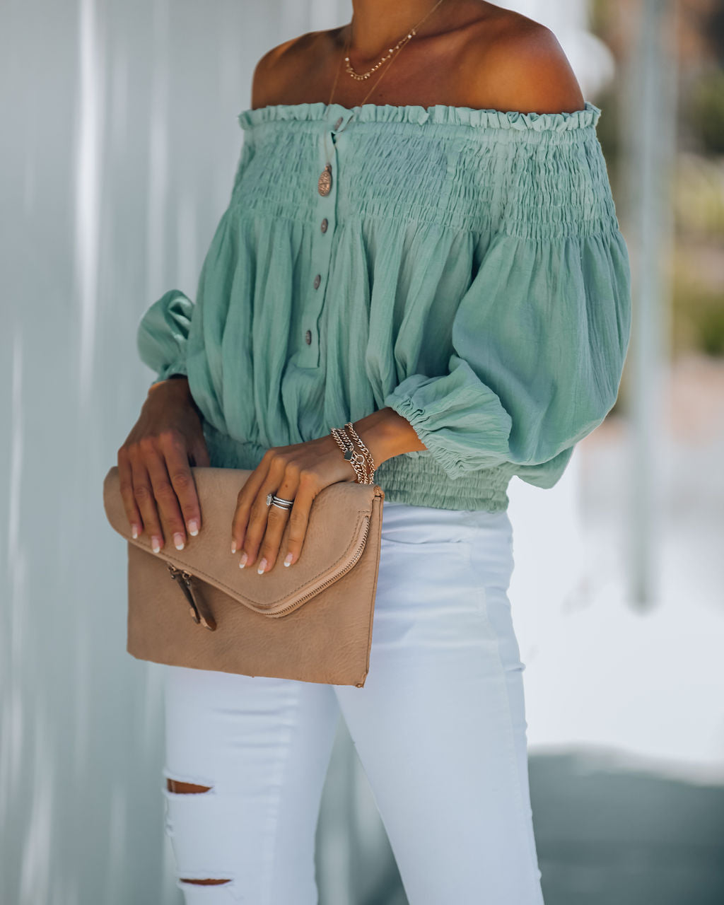 Fig Cotton Smocked Off The Shoulder Top - Sage