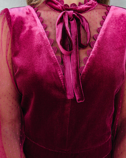 Front Row Velvet Mesh Neck Tie Romper - Burgundy