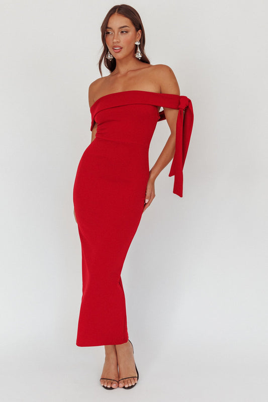 Aurora Sky Off-Shoulder Tie Maxi Dress Cherry