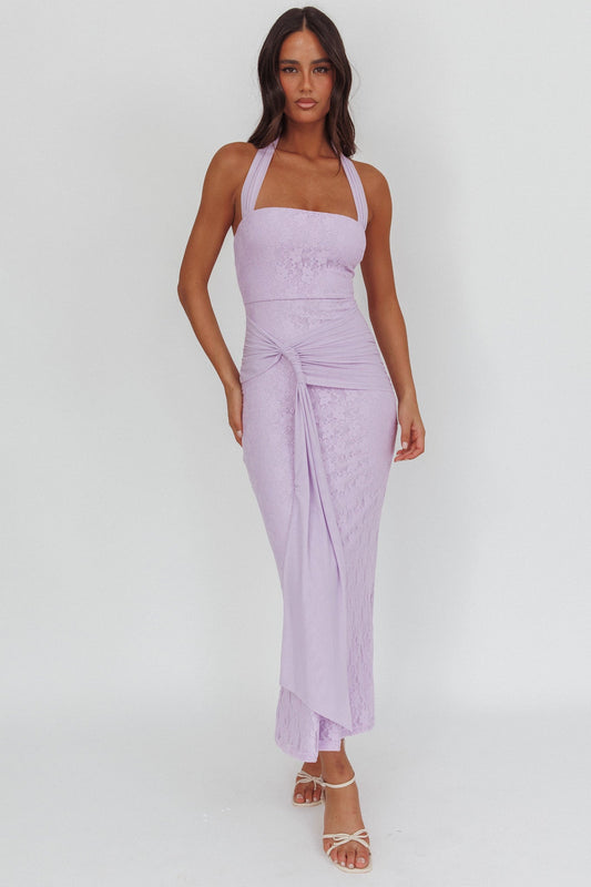 Luli Waist Sash Halter Maxi Dress Lace Lilac