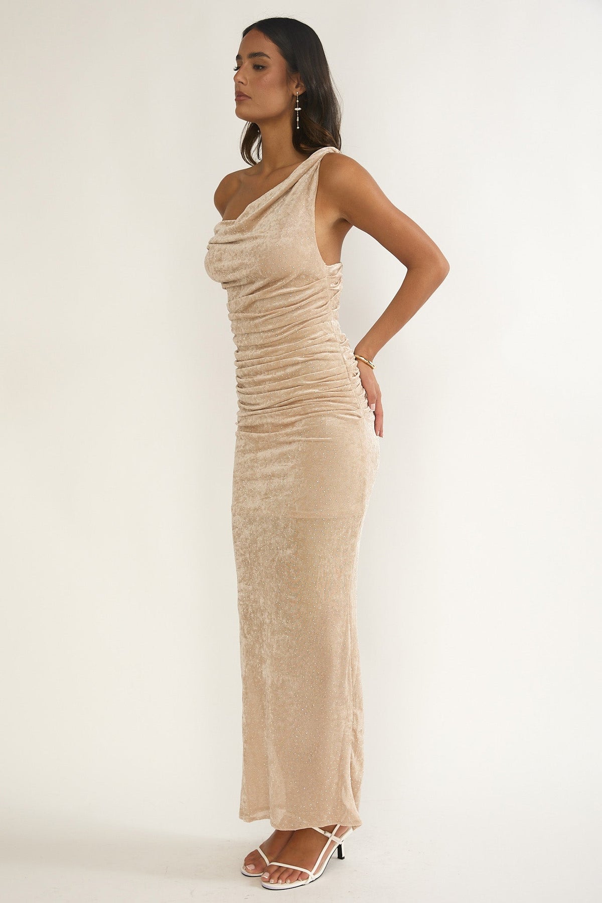 Callen Cowl Ruched Maxi Dress Champagne Silver