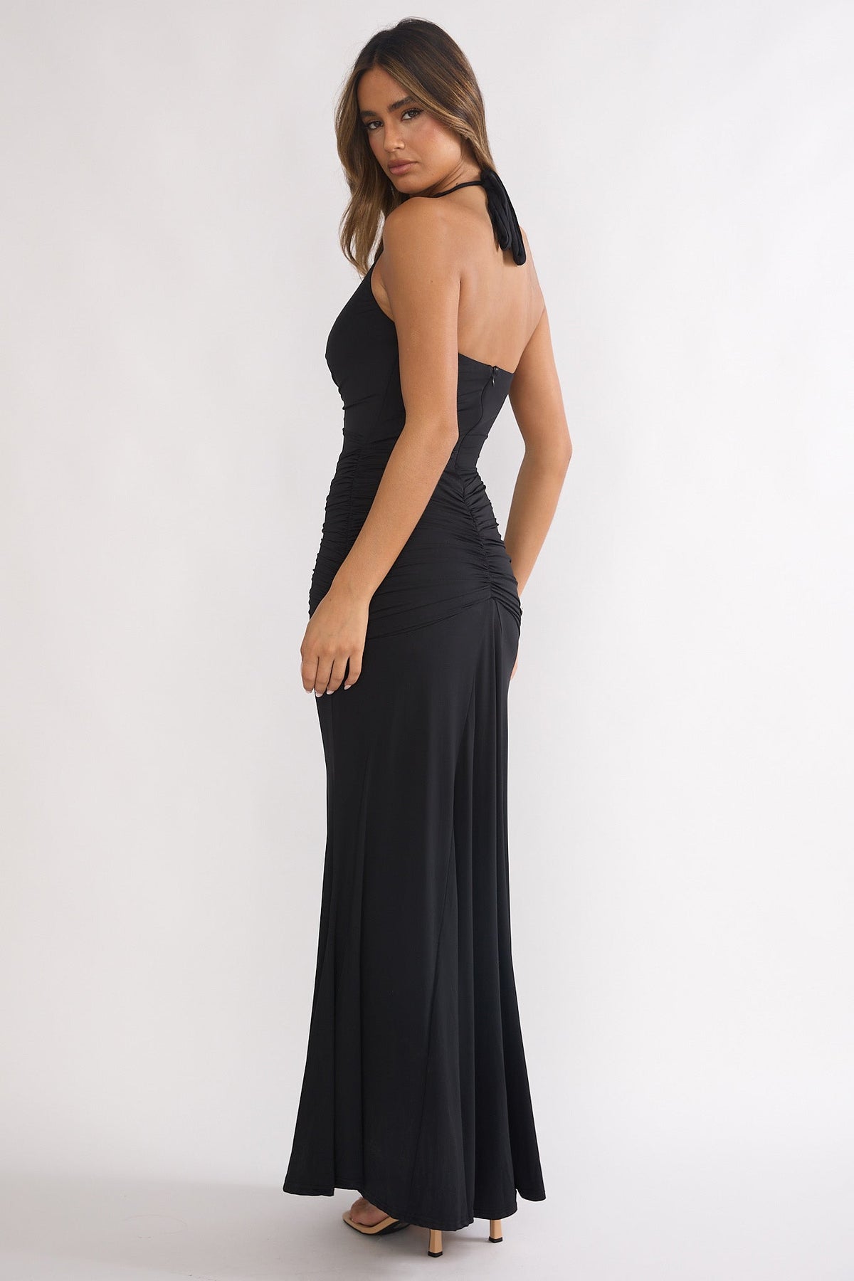 Brienna Halter Ruched Maxi Dress Black