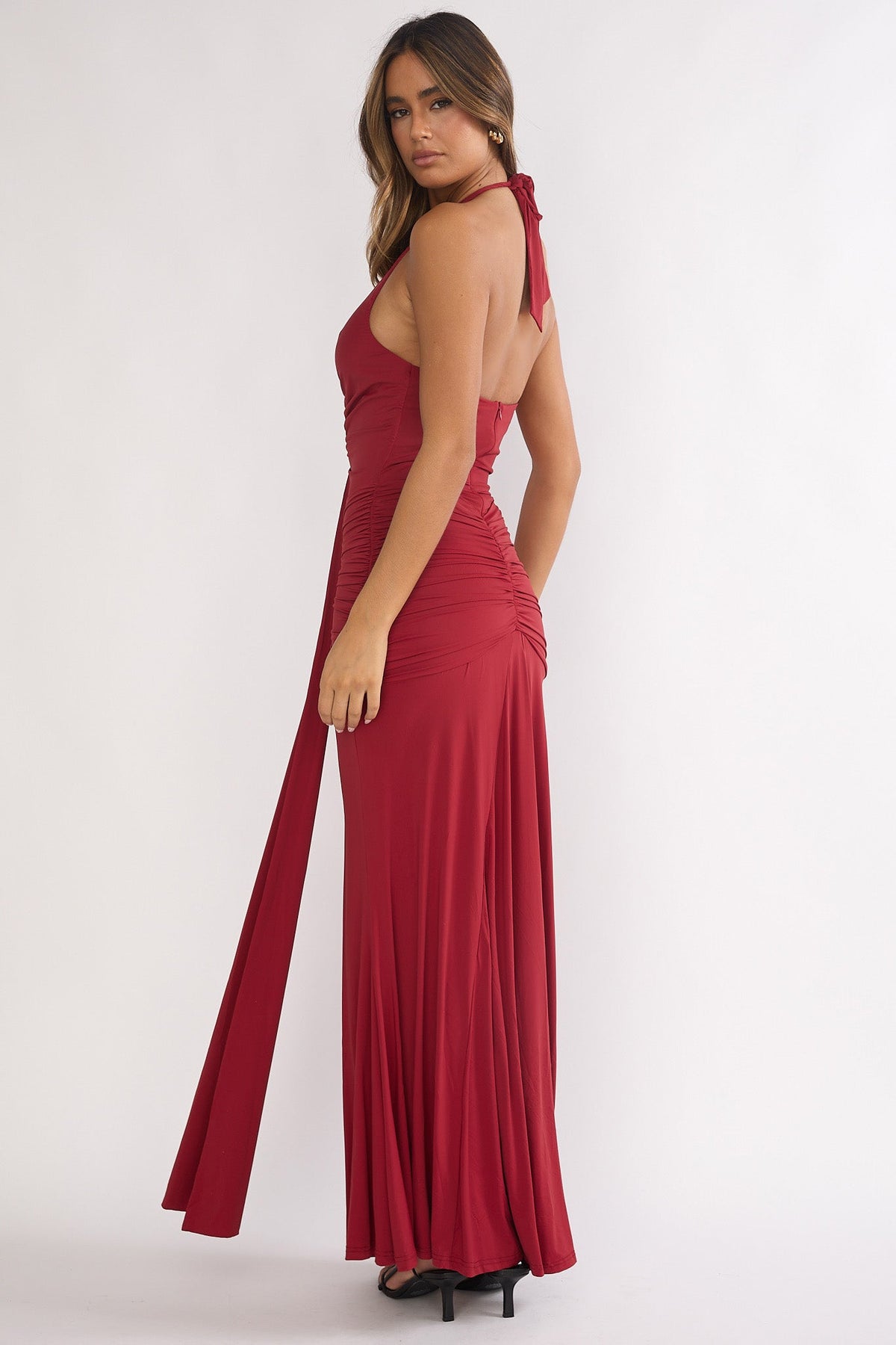 Brienna Halter Ruched Maxi Dress Wine