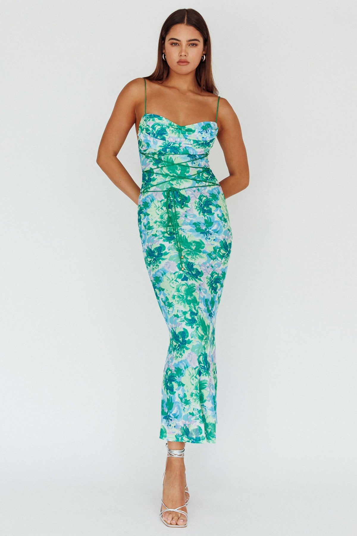 Teava Laced Waist Midi Dress Floral Green