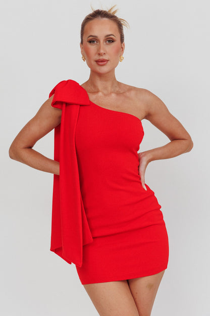 Earned It One Shoulder Bow Mini Dress Red