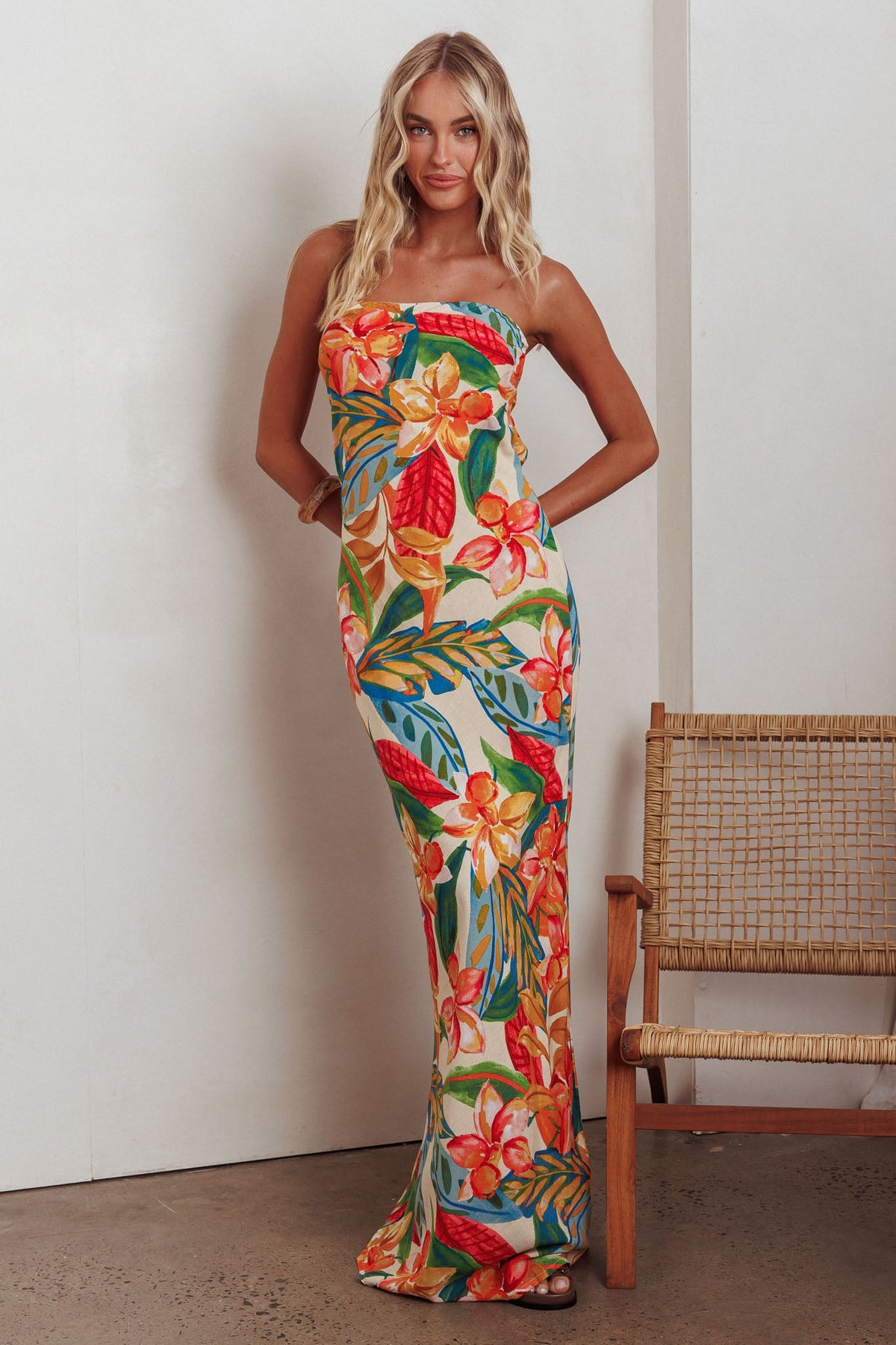 Bird Of Paradise Tied Cowl Back Maxi Dress Botanical