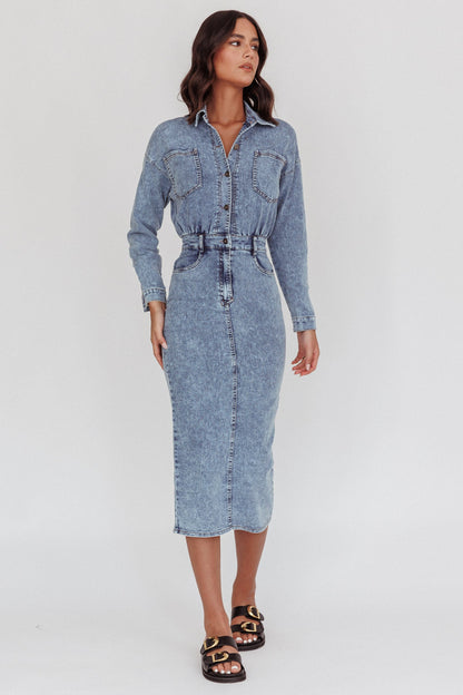 Light Inside Long Sleeve Midi Dress Denim Blue
