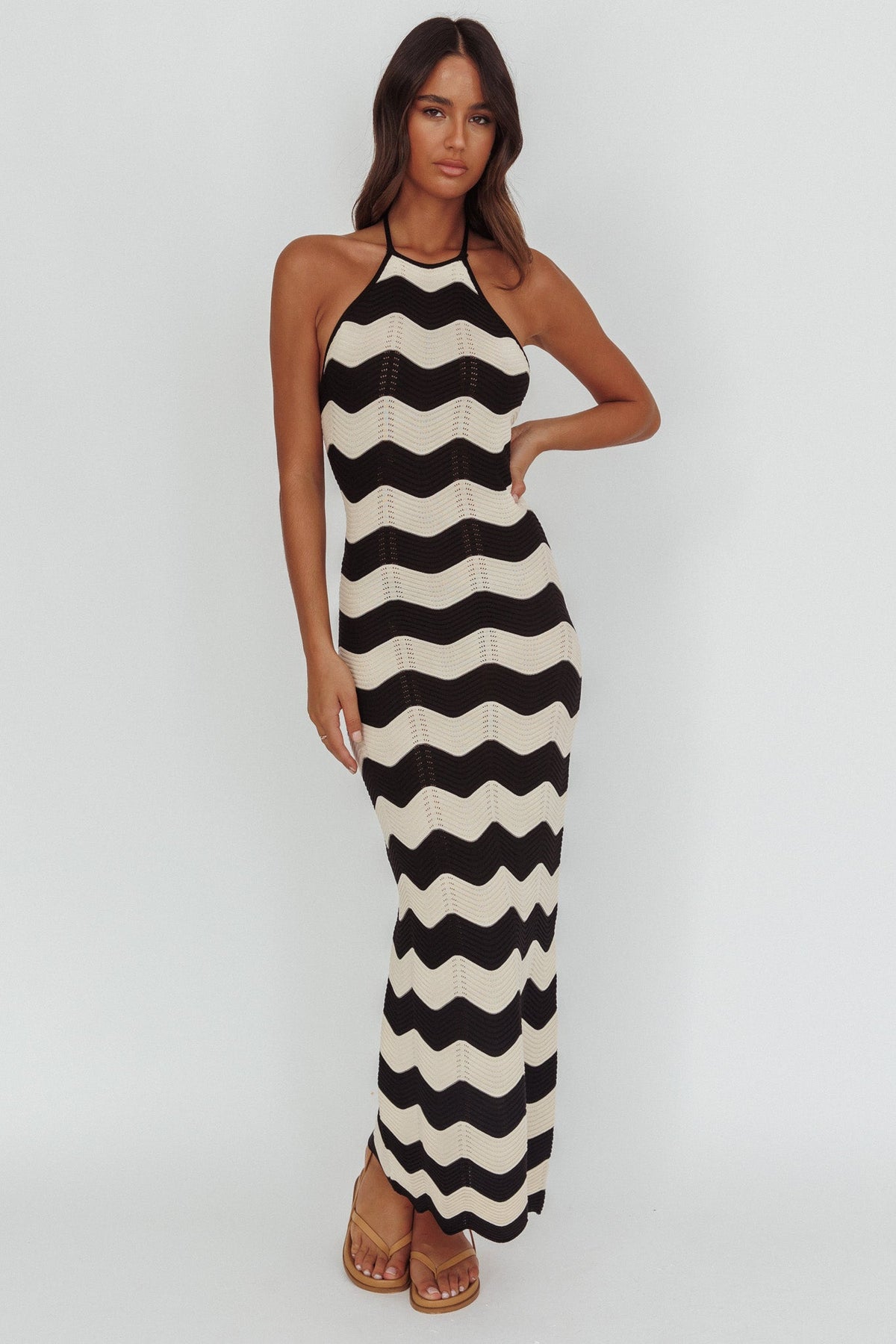 Yelena Halter Neck Knit  Maxi Dress Zig-Zag Cream