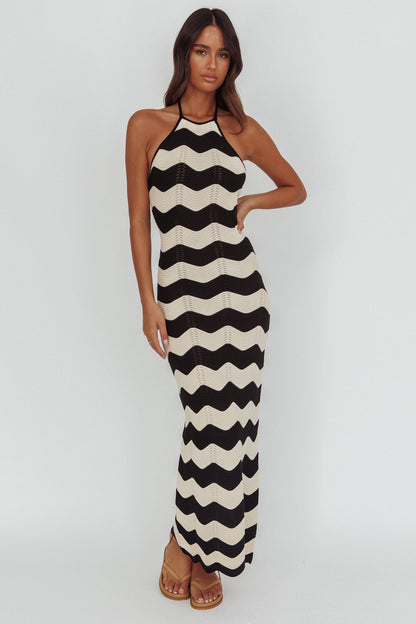 Yelena Halter Neck Knit  Maxi Dress Zig-Zag Cream