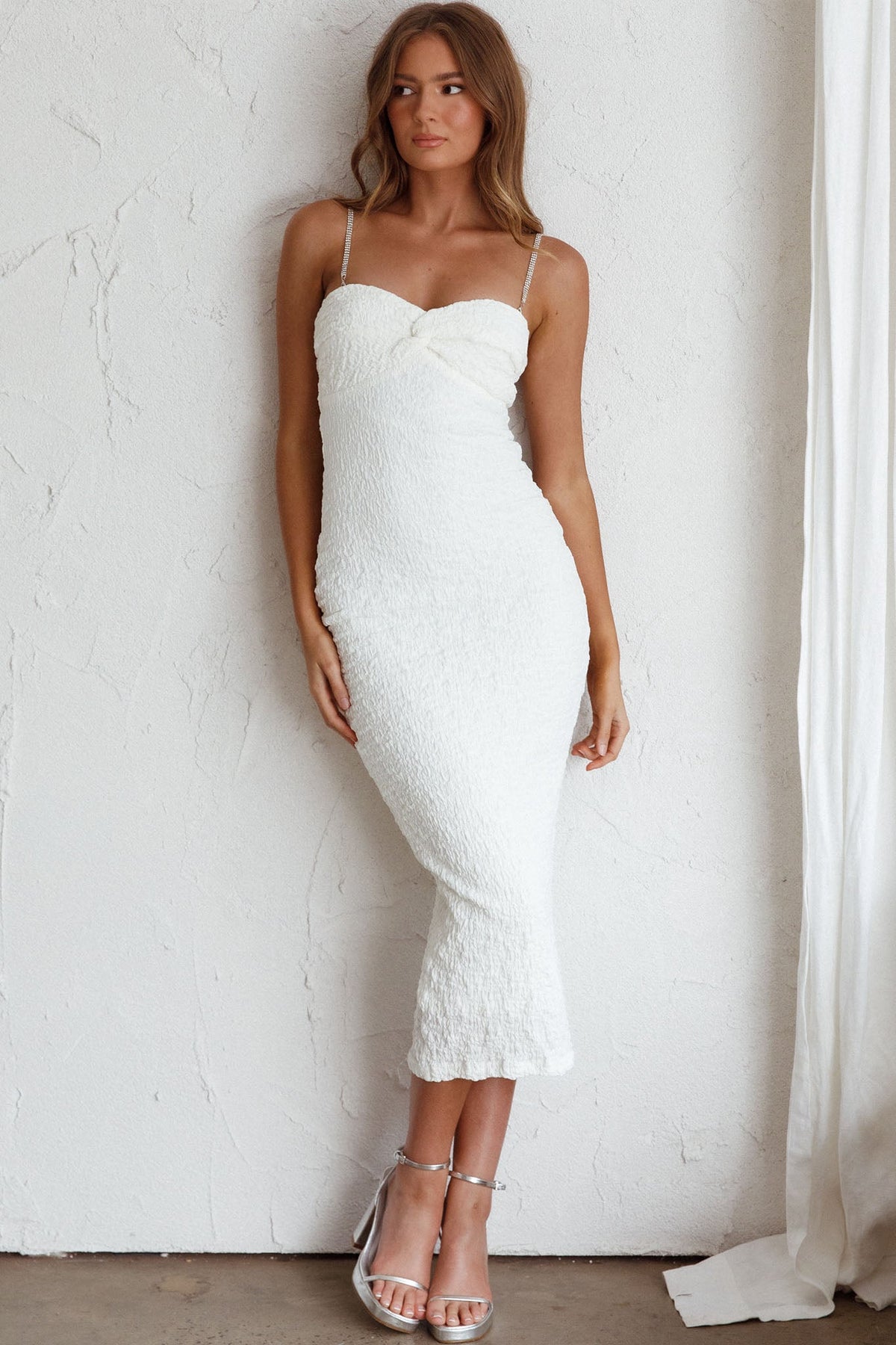 Tiffani Diamante Strap Midi Dress White