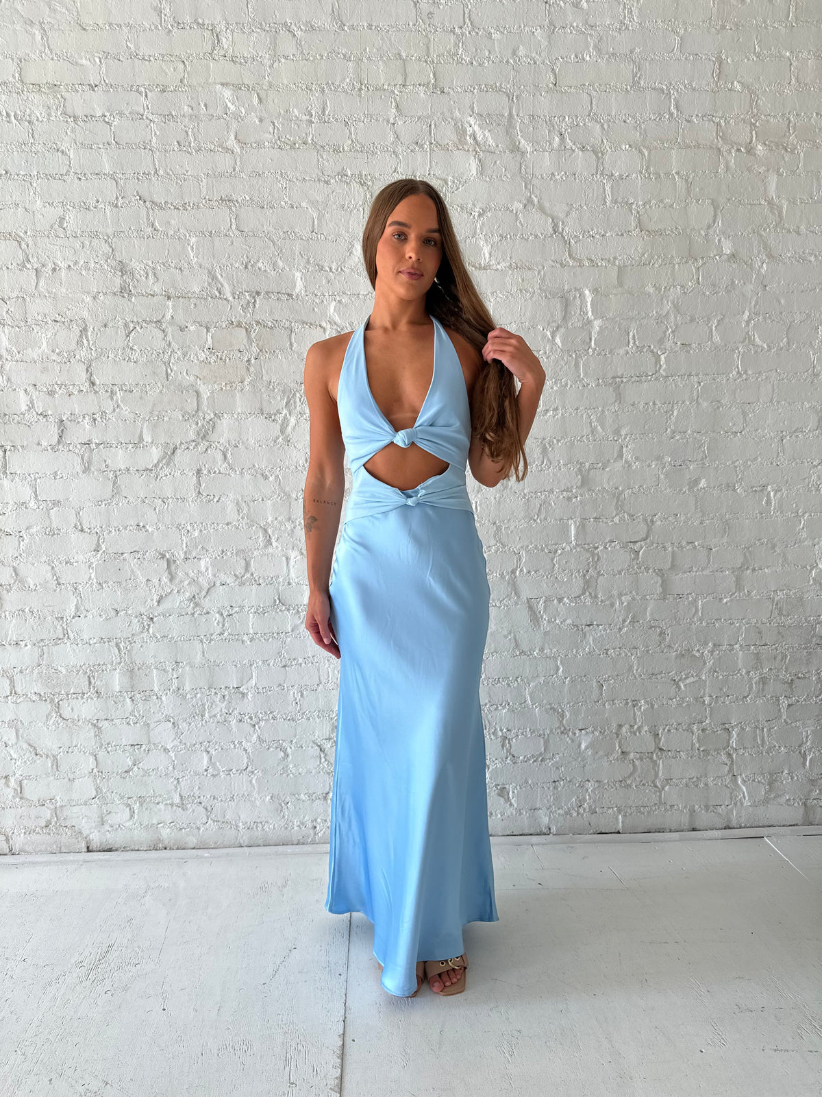 Stasi Blue Satin Halter Maxi Dress