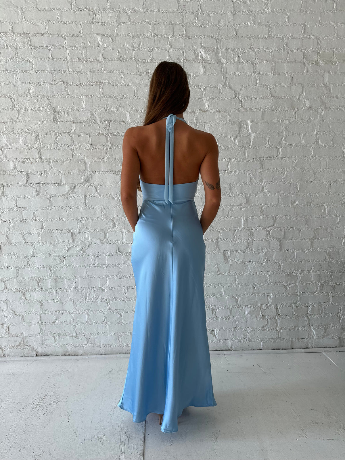 Stasi Blue Satin Halter Maxi Dress