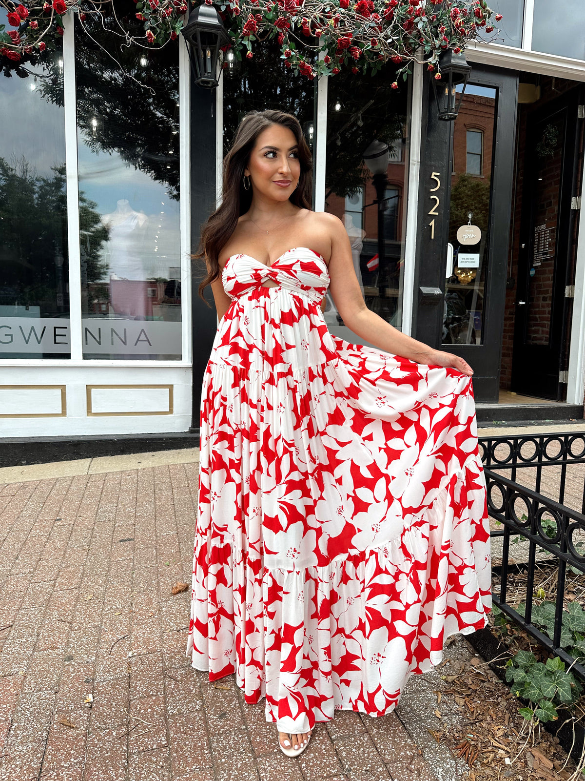 Tori Red and Ivory Strapless Maxi Dress