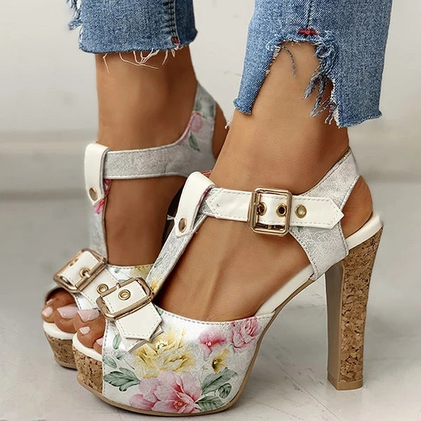 Flower Print Peep Toe Platform Chunky Heels