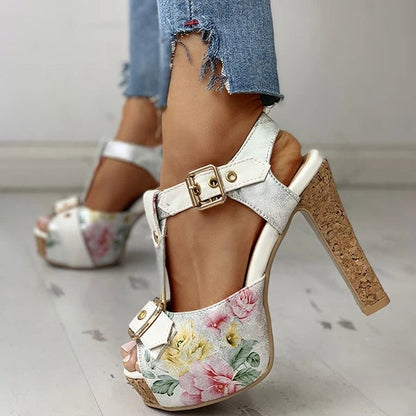 Flower Print Peep Toe Platform Chunky Heels