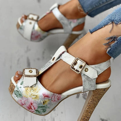 Flower Print Peep Toe Platform Chunky Heels