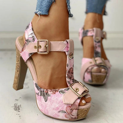 Flower Print Peep Toe Platform Chunky Heels