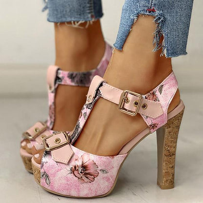 Flower Print Peep Toe Platform Chunky Heels