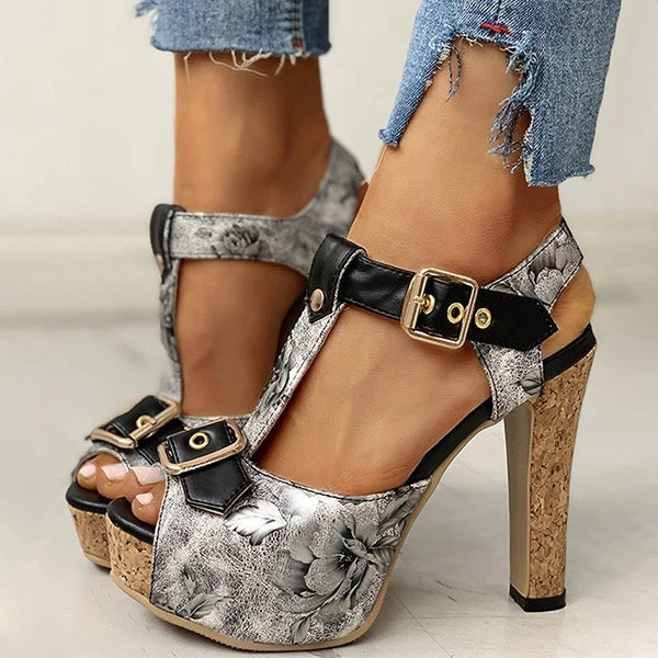 Flower Print Peep Toe Platform Chunky Heels
