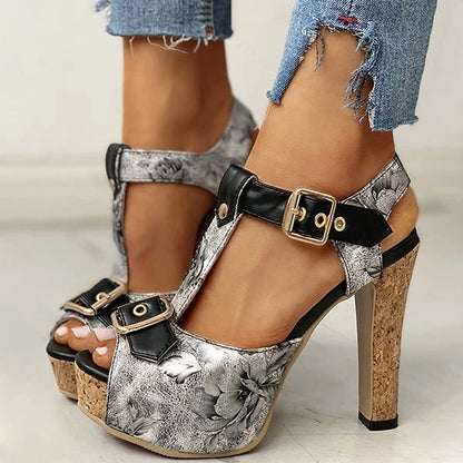 Flower Print Peep Toe Platform Chunky Heels