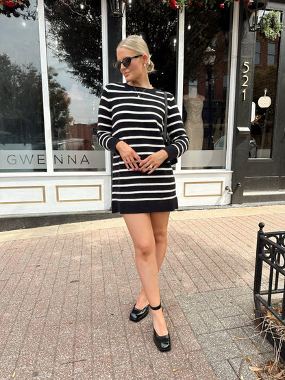 Aspen Black And White Striped Long Sleeve Sweater Dress