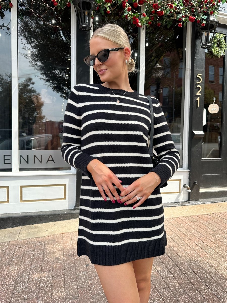 Aspen Black And White Striped Long Sleeve Sweater Dress