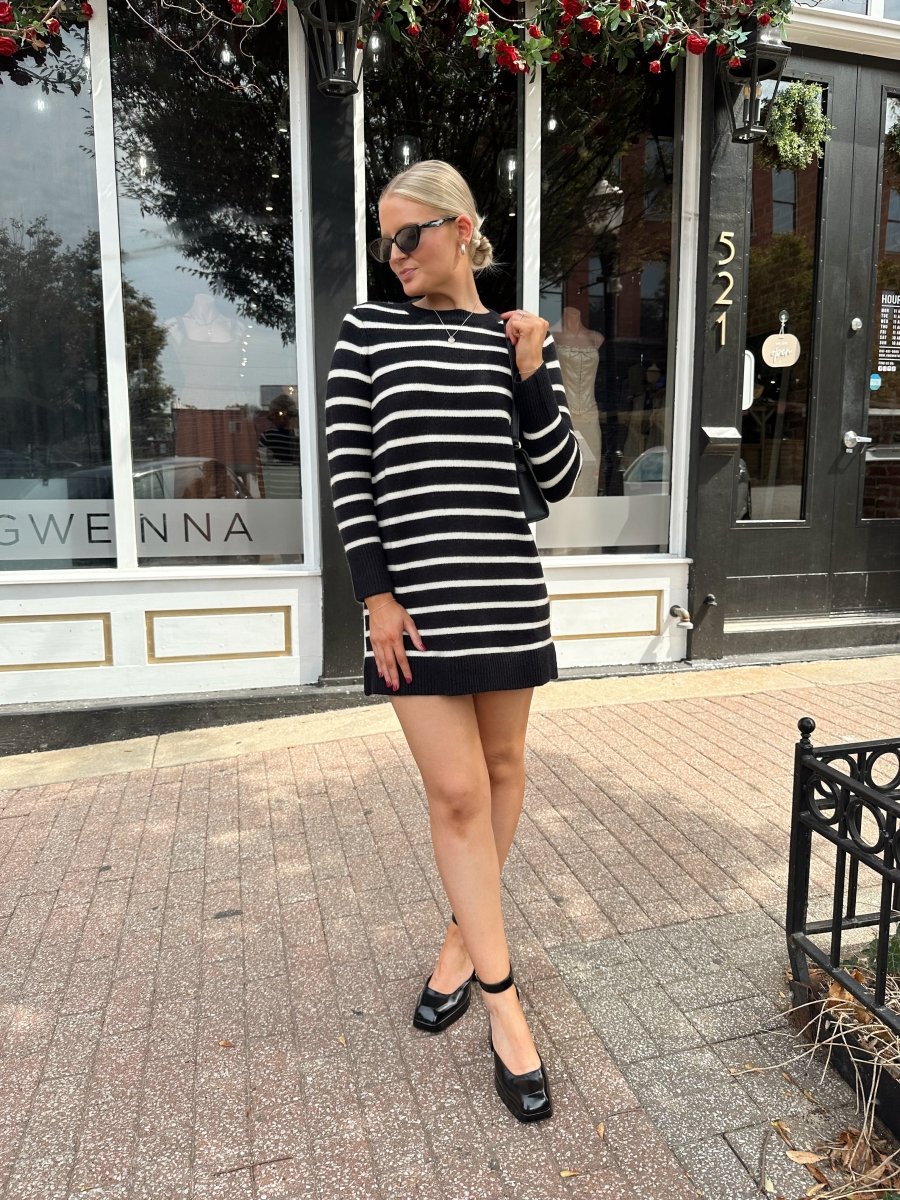 Aspen Black And White Striped Long Sleeve Sweater Dress