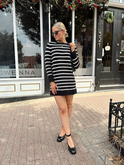 Aspen Black And White Striped Long Sleeve Sweater Dress