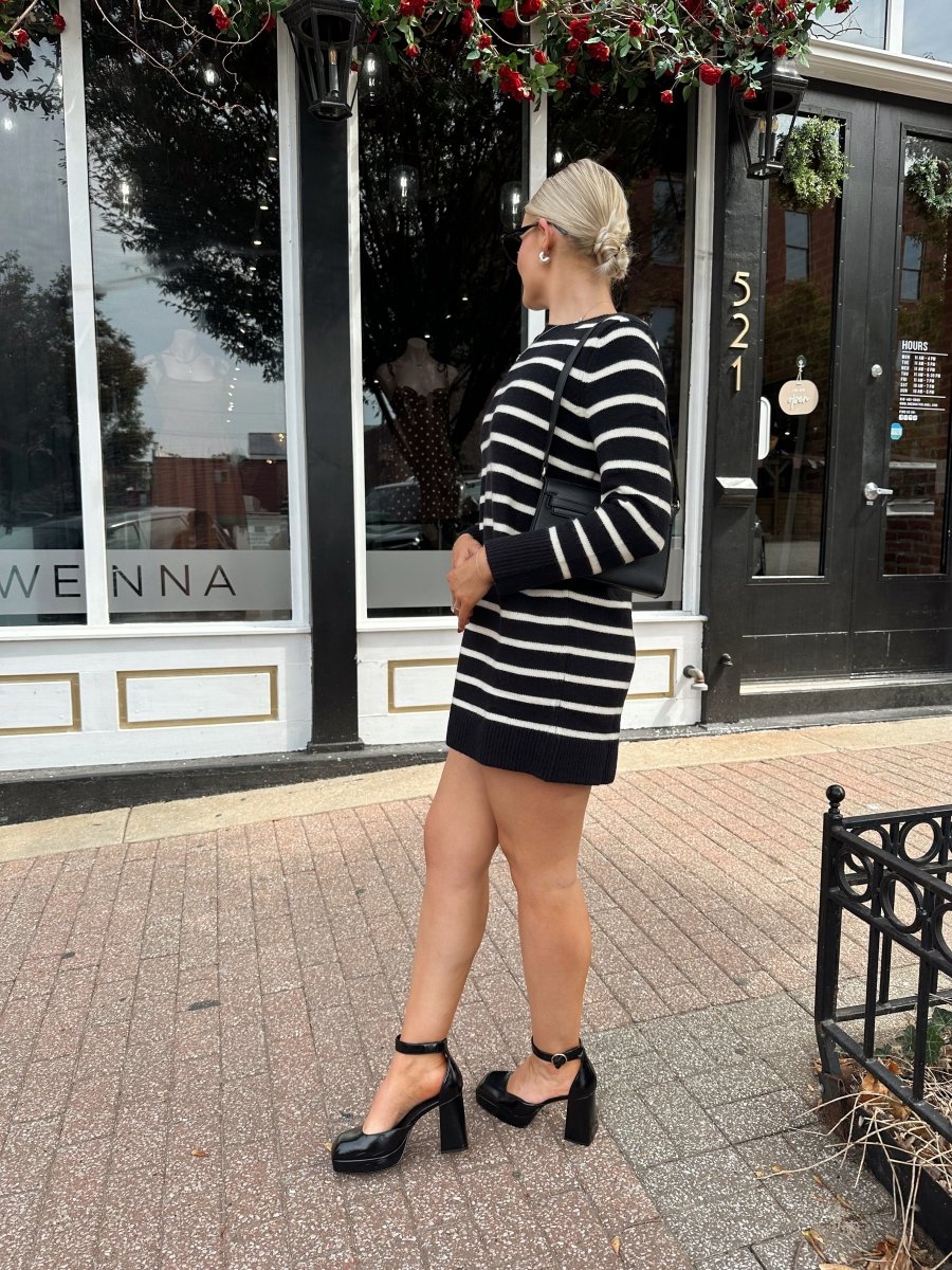 Aspen Black And White Striped Long Sleeve Sweater Dress