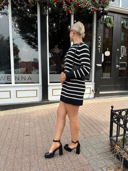 Aspen Black And White Striped Long Sleeve Sweater Dress