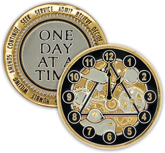 Clockwork Gears AA/NA 3D Sculpted 12 Step Affirmation Recovery Medallion - Black / Gold / Nickel