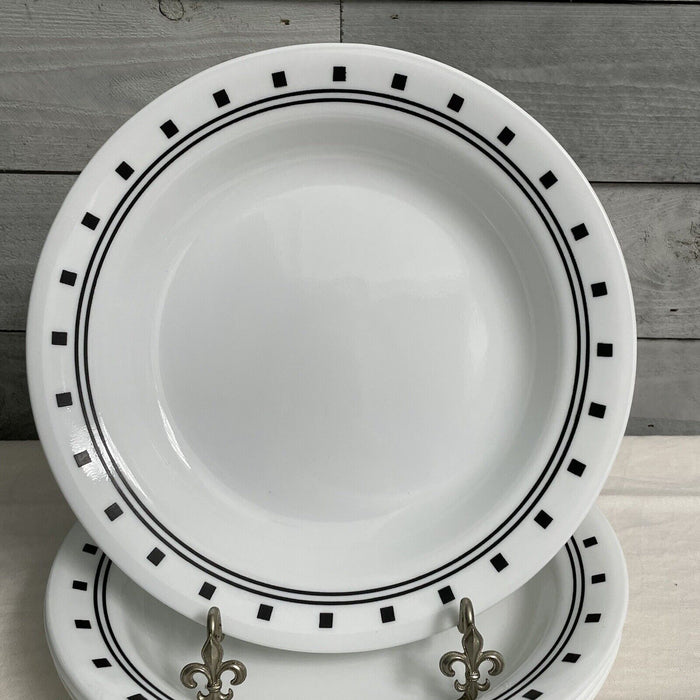❤️ Corelle CITY BLOCK 15-oz Flat RIMMED SOUP BOWL Pasta Stew 8.5" BLACK White