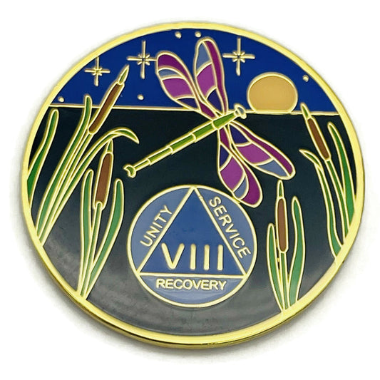Dragonfly 9th Step 8 Year Specialty AA Recovery Medallion - Tri-Plated Eight Year Chip/Coin