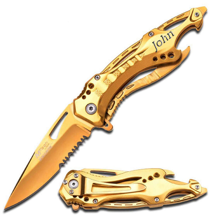 GIFTS INFINITY 4.5" Closed Personalized Engraved Folding Pocket Knife, Gold Tone Stainless Steel Tactical Blade Knife