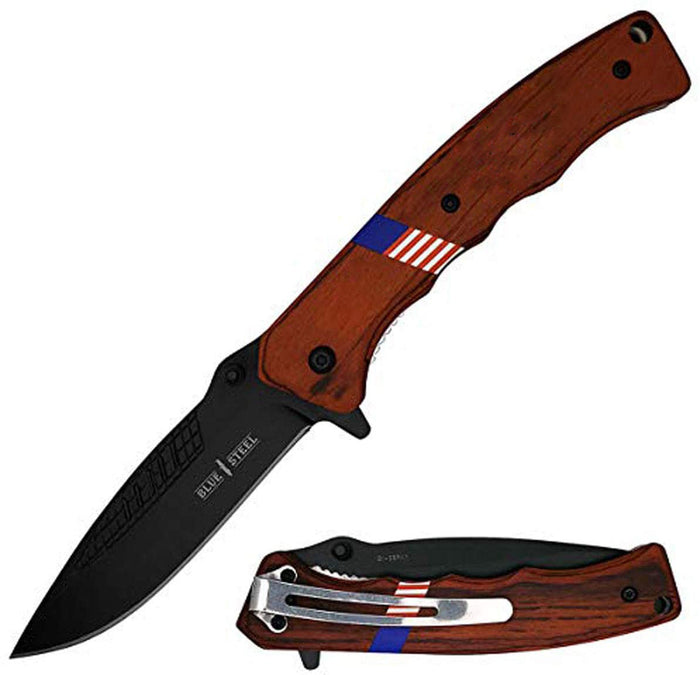 GIFTS INFINITY 8" Folding Pocket Knife Flipper Liner Lock Knife, Black Stonewashed Blade with Wood Handles