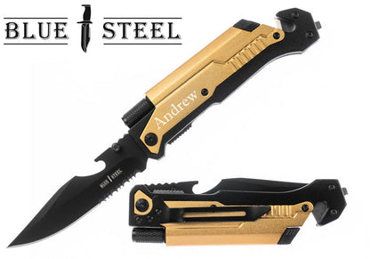 GIFTS INFINITY 8.5" Overall Personalized Engraved Tactical Knives Pocket Knife with Magnesium Fire Starter, LED Flashlight