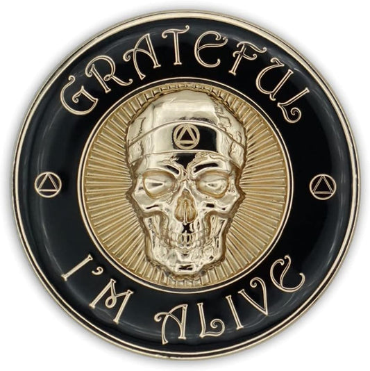 Grateful I'm Alive AA/NA 3D Sculpted Affirmation Recovery Medallion - Black / Gold
