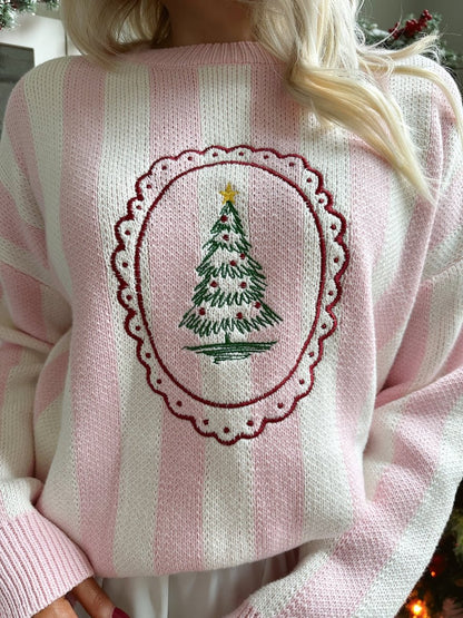 Holiday Pink Striped Christmas Tree Sweater