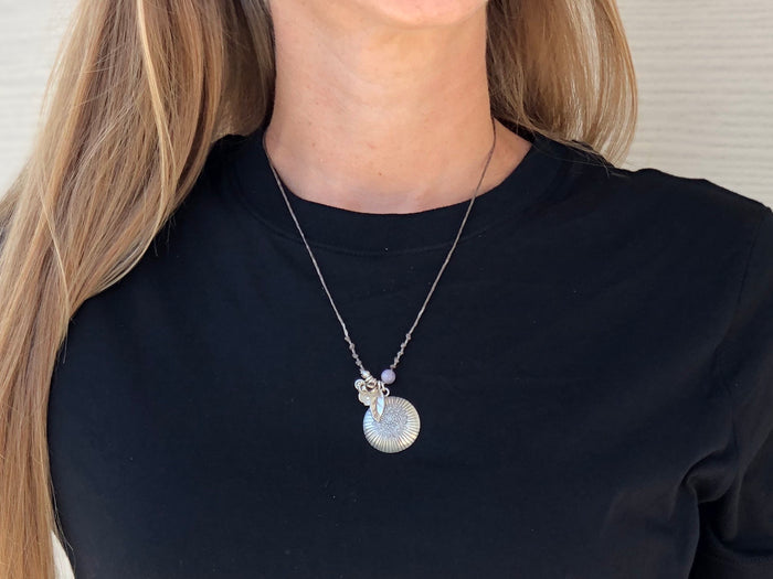 Necklace - wax cotton w/silver circle & charms
