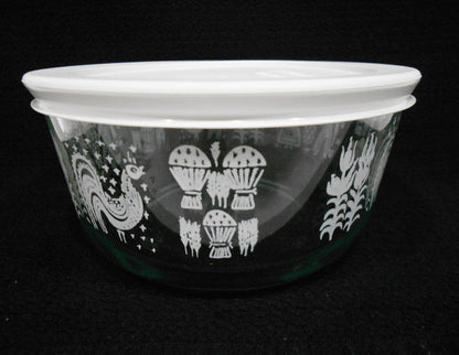 ❤️ PYREX 4 Cup AMISH BUTTERPRINT Glass Storage Bowl WHITE Rooster Wheat Harvest