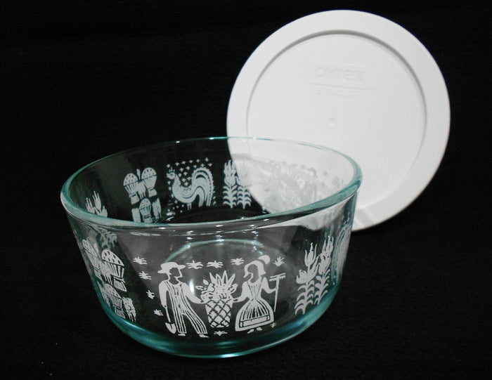 ❤️ PYREX 4 Cup AMISH BUTTERPRINT Glass Storage Bowl WHITE Rooster Wheat Harvest