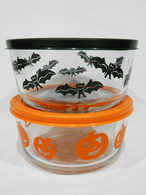 ❤️ Pyrex 4 Cup BLACK BATS & ORANGE PUMPKINS 1-Qt Spooky Halloween Storage Bowls