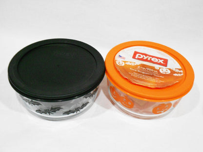 ❤️ Pyrex 4 Cup BLACK BATS & ORANGE PUMPKINS 1-Qt Spooky Halloween Storage Bowls