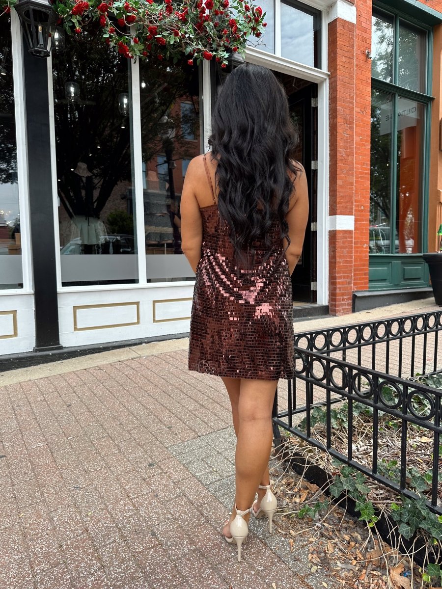 Savvy Brown Sequin Shift Mini Dress