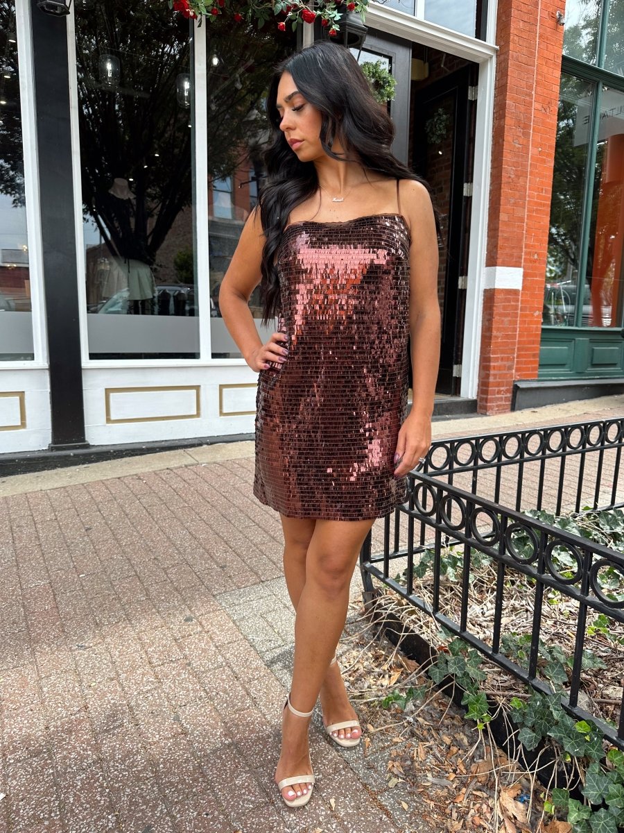 Savvy Brown Sequin Shift Mini Dress