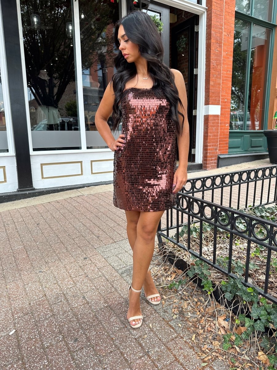 Savvy Brown Sequin Shift Mini Dress