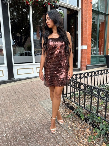 Savvy Brown Sequin Shift Mini Dress