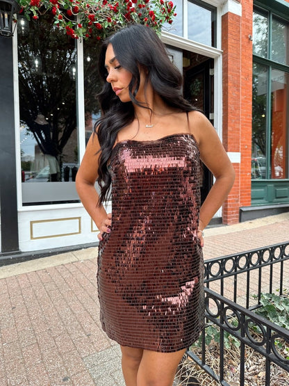 Savvy Brown Sequin Shift Mini Dress